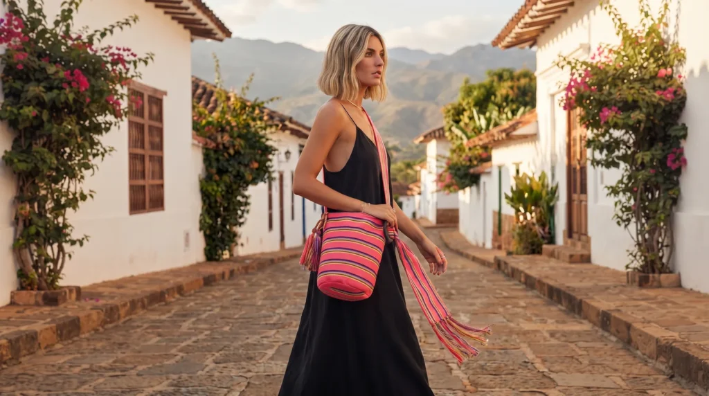Modelo con la Mochila Playera Rosada en una calle empedrada