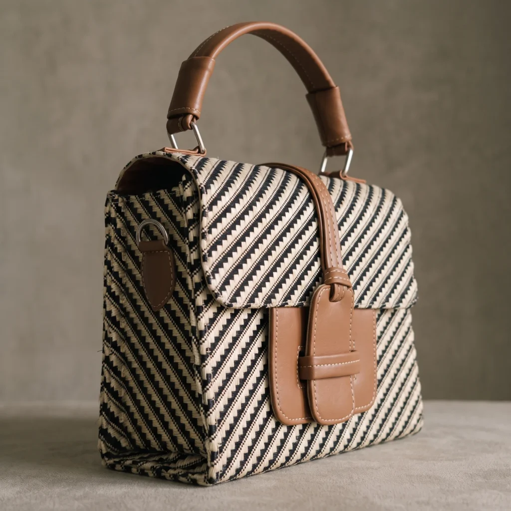 Bolso de mano tejido en rayas con asa de cuero